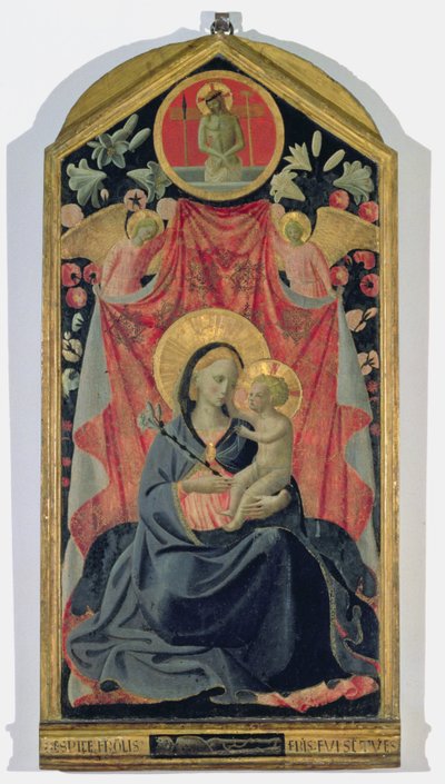 Madonna en kind met twee engelen en Christus opgestaan uit het graf door Andrea di Giusto Manzini